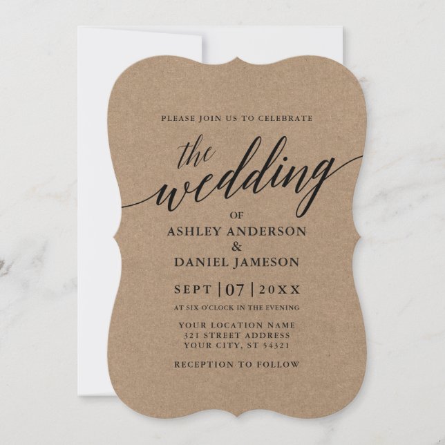 Invitación Modern Calligraphy Kraft Boda (Anverso)