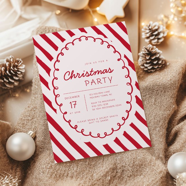 Invitación Modern Candy Cane Theme Christmas Party Invitation (Retro Candy Cane Whimsical Striped Christmas party invitation)