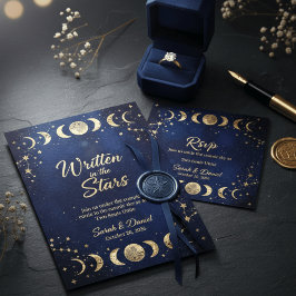 Invitación Modern Celestial Navy and Gold Moon Stars Wedding 