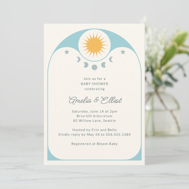 Invitación Modern Celestial Star Moon Soft Blue Baby Shower   (Anverso de pie)