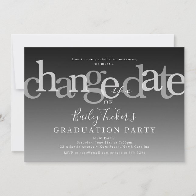 Invitación Modern Change Date Black Ombre Graduation Party (Anverso)