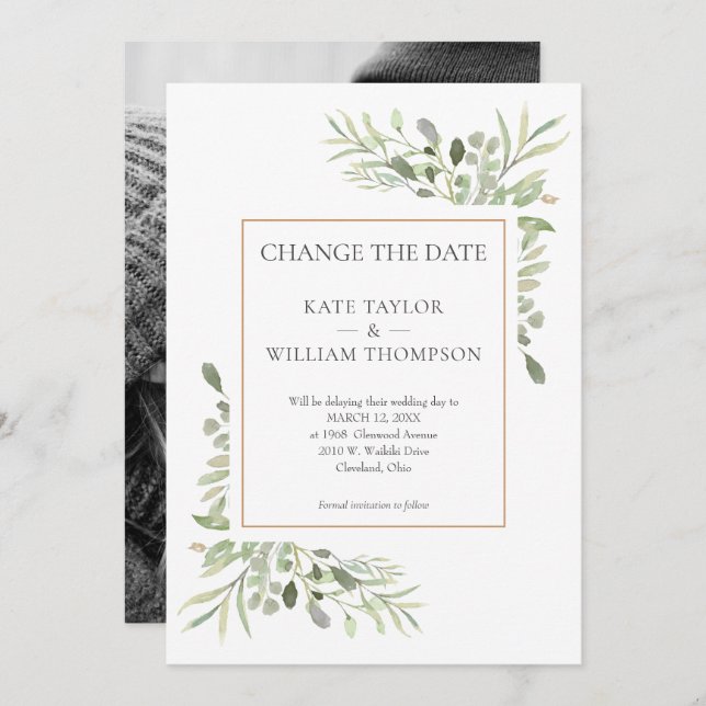 Invitación Modern Change the Date Watercolor Greenery Photo (Anverso / Reverso)