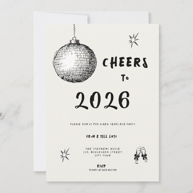 Invitación Modern Cheers to New Year 2026 Bold Typo (Anverso)