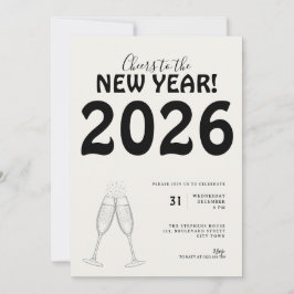 Invitación Modern Cheers to New Year Bold Typo Black White