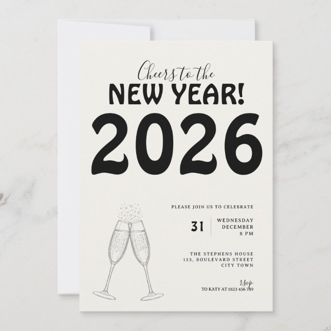 Invitación Modern Cheers to New Year Bold Typo Black White (Anverso)