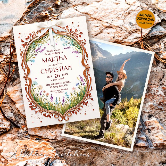 Invitación Modern Chic Boho Frame Wild Flowers Photo Wedding (Subido por el creador)