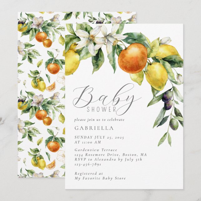 Invitación Modern Citrus Lemon Naranja Baby Shower (Anverso / Reverso)