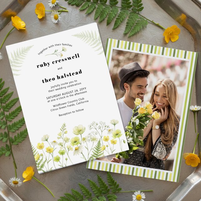 Invitación Modern Citrus Wildflower Stripe Photo Wedding (Wedding Invitation with engagement photo from Citrus Green Wildflower collection by Darling & May)