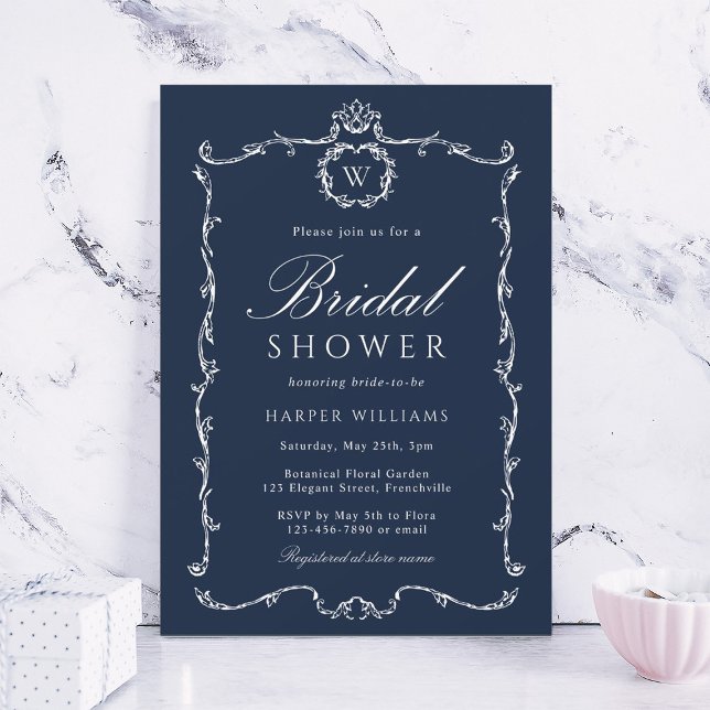 Invitación Modern Classic French Frame Bridal Shower Navy (Subido por el creador)