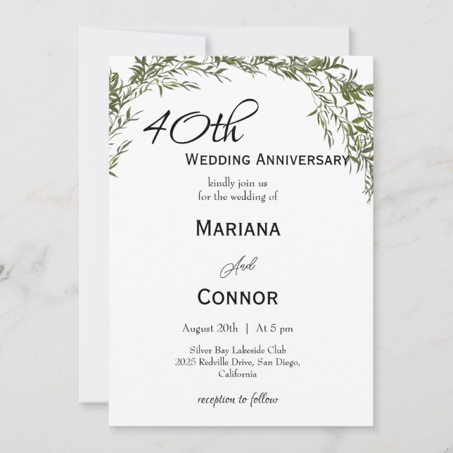 Invitación Modern Classic Greenery Wedding Anniversary  (Anverso)
