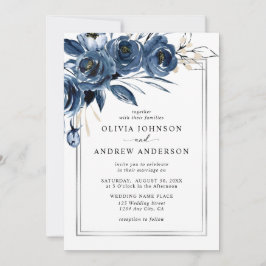 Invitación Modern Classic Navy Blue Floral Photo Wedding