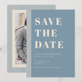 Invitación Modern Classic Save The Date Blue Striped Photo