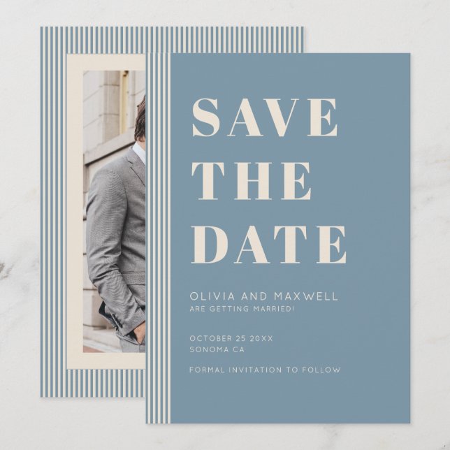 Invitación Modern Classic Save The Date Blue Striped Photo (Anverso / Reverso)