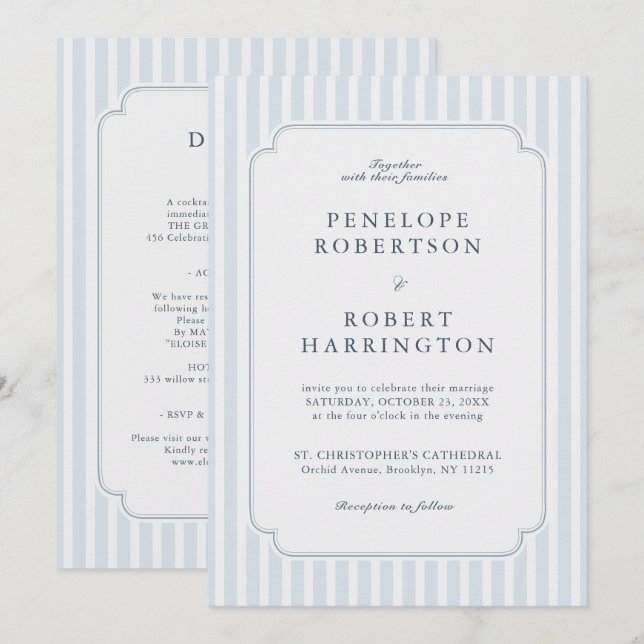 Invitación Modern Classic Stripes Blue All in one  Wedding (Anverso / Reverso)