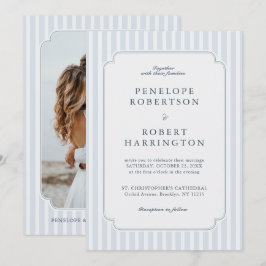 Invitación Modern Classic Stripes Dusty Blue Photo Wedding 