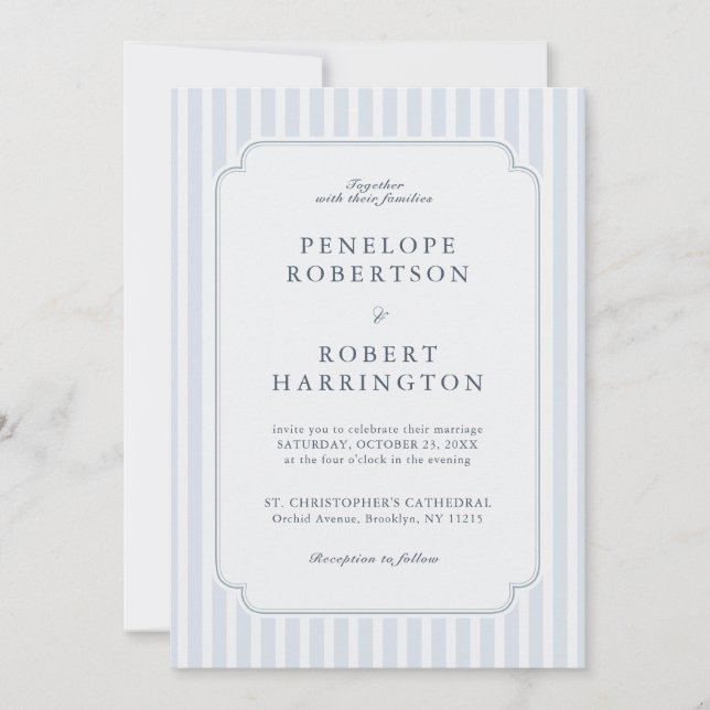 Invitación Modern Classic Stripes Dusty Blue QR Code Wedding  (Anverso)