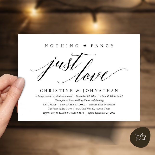 Invitación Modern Classy Nothing Fancy, Just Love, Reception (Modern Classy Nothing Fancy, Just Love, Wedding Reception Dinner Invitation Card in Black and White)