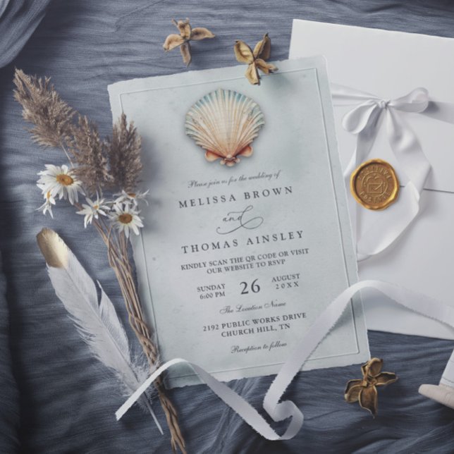 Invitación Modern Coastal Seashell Aqua QR Code Wedding (Subido por el creador)