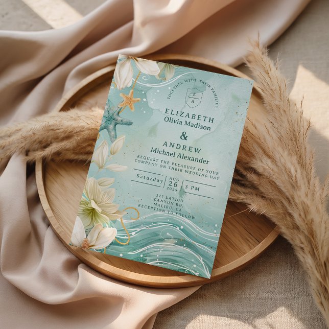 Invitación Modern Coastal Wave Floral Wedding (Subido por el creador)