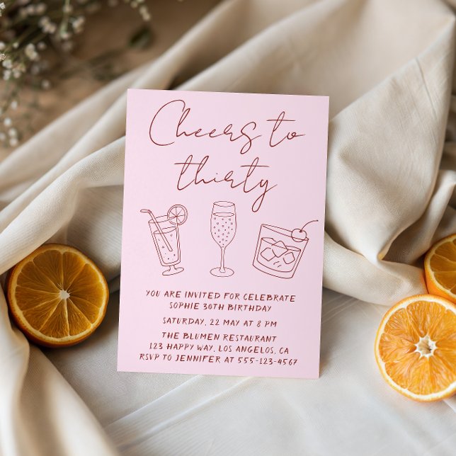 Invitación Modern Cocktail Pink Cheers to Thirty Birthday  (Subido por el creador)