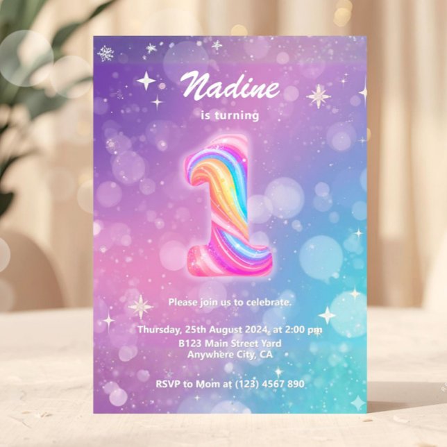 Invitación Modern Colorful 1st Birthday Rainbow Foil (1st Birthday Invitation, Girl Pink Pastel, First Birthday, Number 1, Party Invite, Pink Purple Glitt)