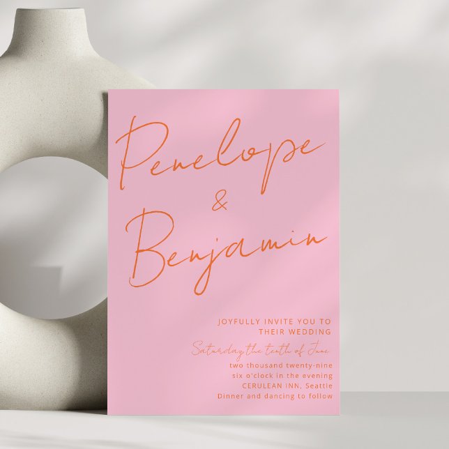 Invitación Modern Colorful Handwriting Pink Orange Wedding  (Subido por el creador)