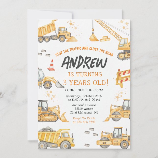 Invitación Modern Construction Birthday Party (Anverso)