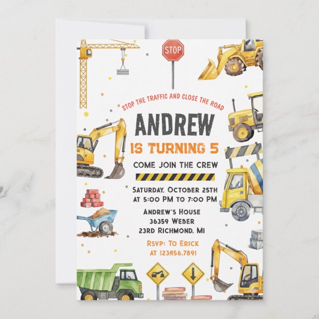 Invitación Modern Construction Birthday Party custom image (Anverso)