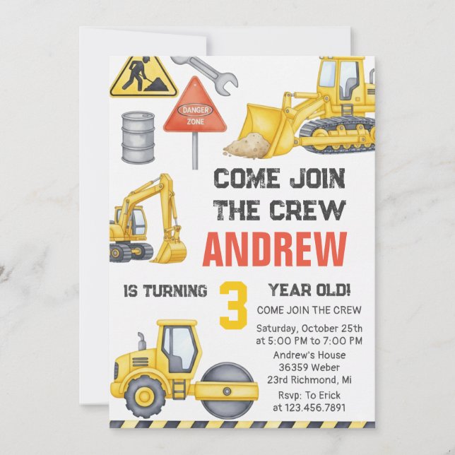 Invitación Modern Construction Birthday Party custom photo (Anverso)