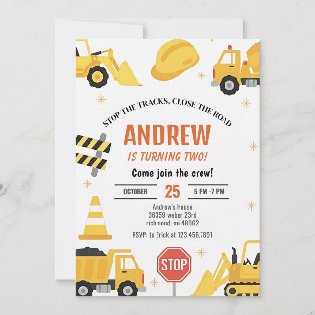 Invitación Modern Construction Birthday party Invitation boy (Anverso)