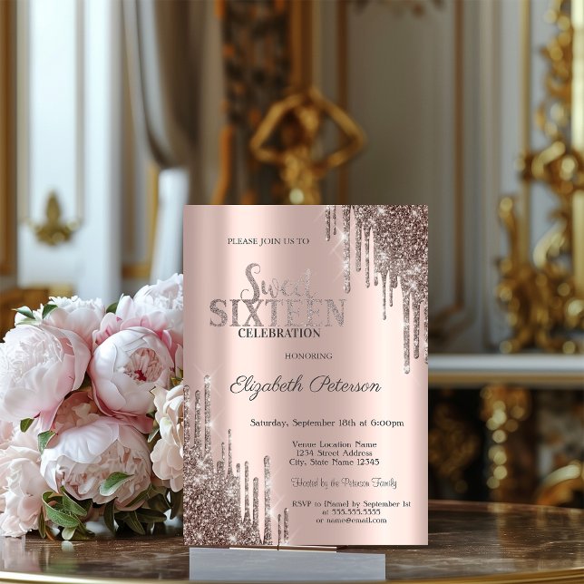 Invitación Modern Cool Glitter Drips Rose Gold Dulces 16  (Subido por el creador)