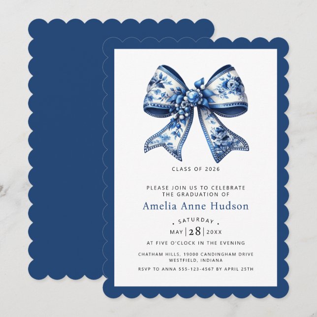 Invitación Modern Coquette Blue Floral Bow Graduation Party (Anverso / Reverso)