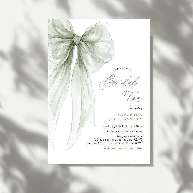Invitación Modern Coquette Sage Green Bow Bridal Tea  (Subido por el creador)