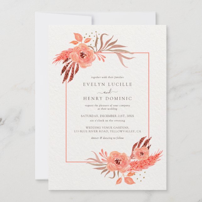 Invitación Modern Coral Orange Floral Terracotta Wedding (Anverso)