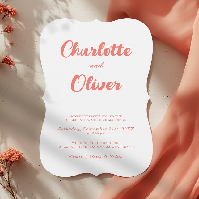 Invitación Modern Coral Pink White Script Decorative Wedding (Subido por el creador)