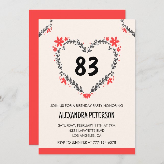 Invitación Modern Cualquier edad Corazón Floral para su 83 cu (Anverso / Reverso)
