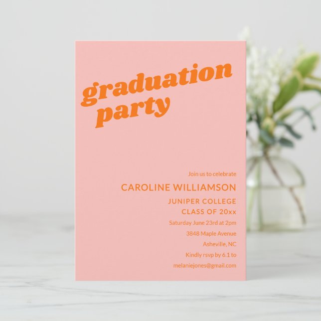 Invitación Modern Cute Pink Orange Retro Graduation Party (Anverso de pie)