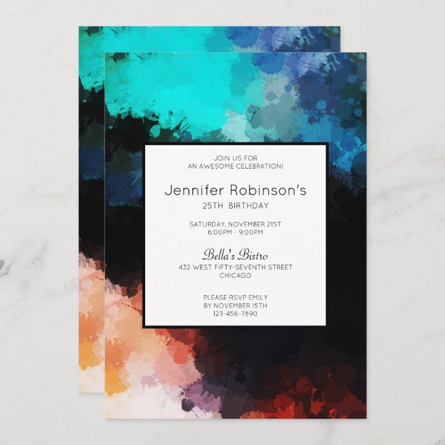 Invitación Modern Dark Abstract Paint Splatters Birthday (Anverso / Reverso)