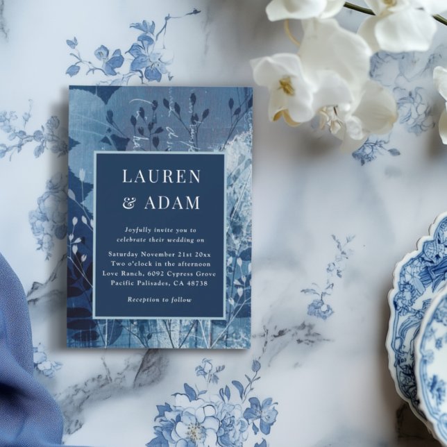 Invitación Modern Dark Blue Botancial Wedding Invitation (Subido por el creador)