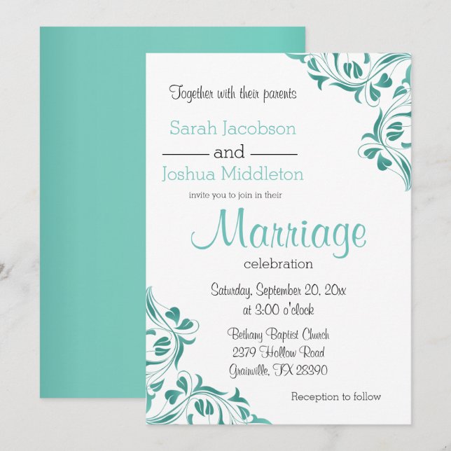 Invitación Modern Day Verde azulado Floral Scroll (Anverso / Reverso)