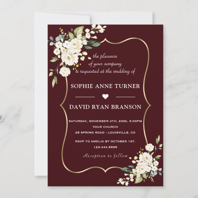 Invitación Modern Deep Burgundy White Ivory Flowers Wedding (Anverso)