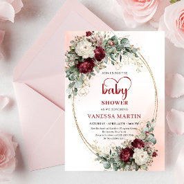 Invitación Modern Deep Red Floral Gold Baby Shower Invite