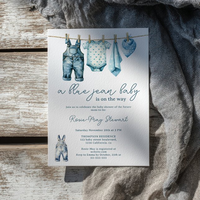 Invitación Modern Denim Blue Jean Clothesline Baby Shower (Modern Denim Blue Jean Clothesline Baby Shower Invitation)