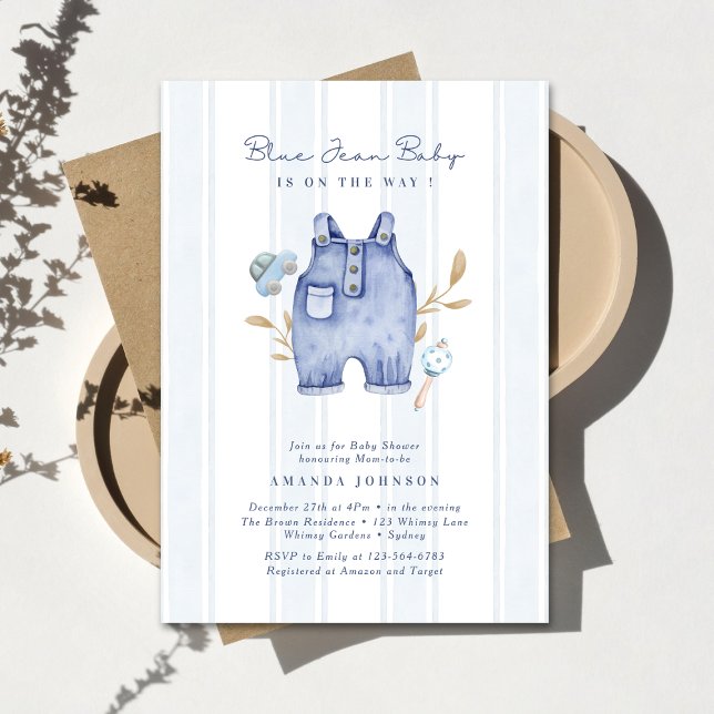 Invitación Modern Denim Blue Jean Stripes Baby Shower  (Subido por el creador)