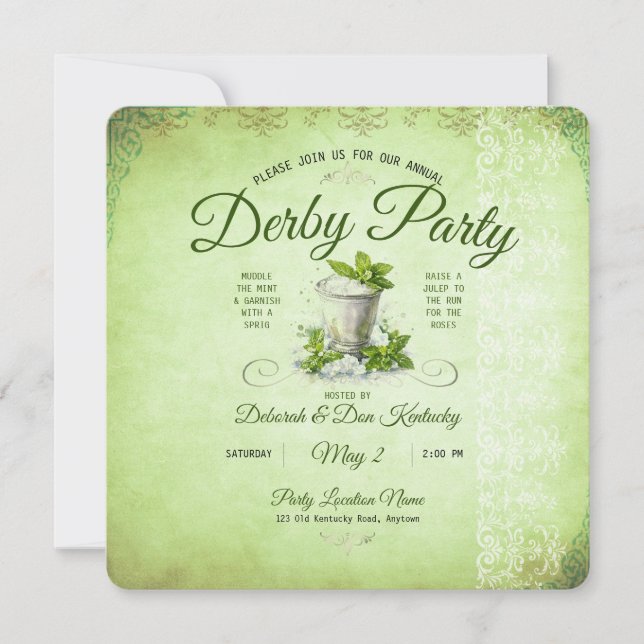 Invitación Modern Derby Party Watercolor Mint Julep Elegant (Anverso)