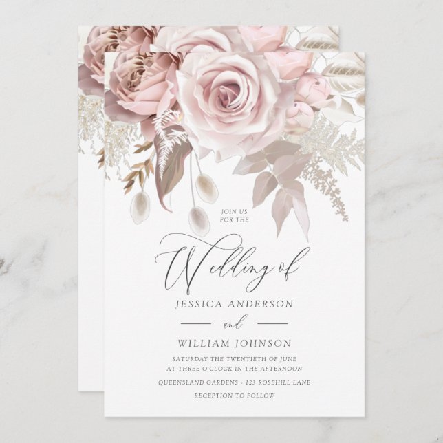 Invitación Modern Designer Dusty Rose Blush Details & Wedding (Anverso / Reverso)