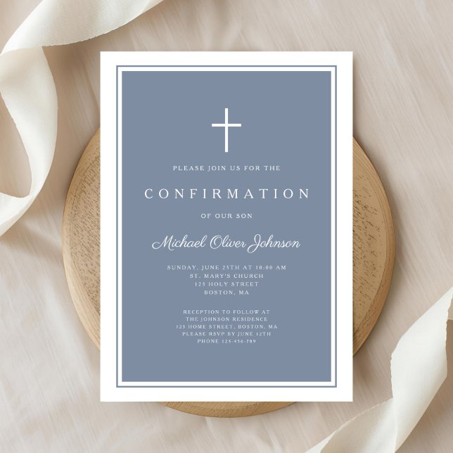 Invitación Modern Dusty Blue Cross Boy Confirmation (Modern Dusty Blue Cross Boy Confirmation Invitation)