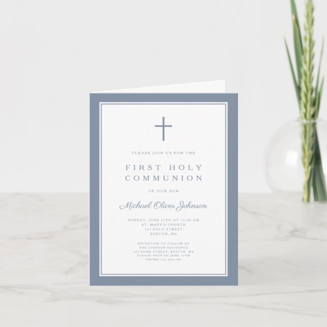 Invitación Modern Dusty Blue Cross Boy First Holy Communion (Anverso)