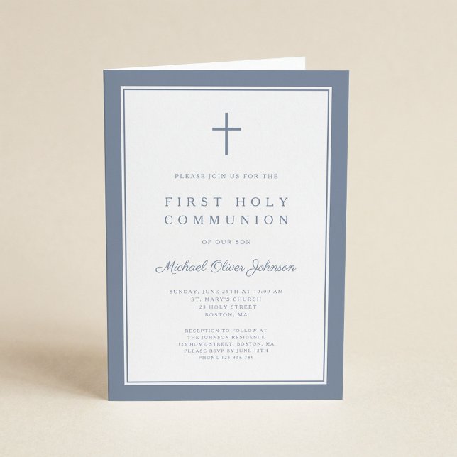 Invitación Modern Dusty Blue Cross Boy First Holy Communion (Subido por el creador)