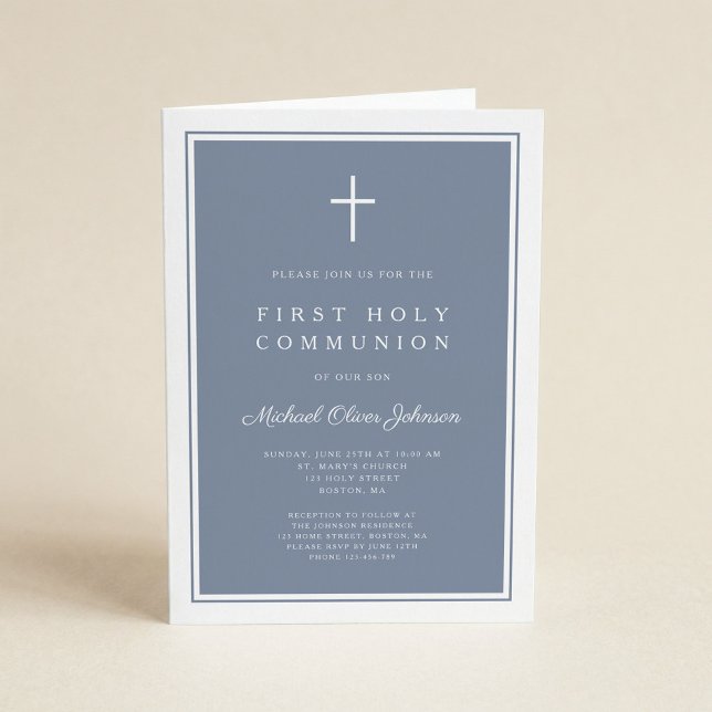 Invitación Modern Dusty Blue Cross Boy First Holy Communion (Subido por el creador)